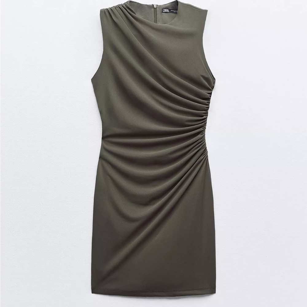 Zara Olive Green Ruched Mini Dress